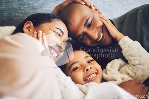 Image of Home, family and parents relax, quality time and happiness with bonding, peace and loving together. Mother, father and female child with a smile, calm and weekend break with care and kid with support