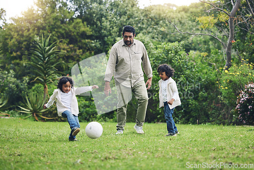 Image of Happy, soccer and father with children in garden for playful, learning and sports. Summer, fitness and family with man and kids playing football in backyard at home for teaching, workout and growth