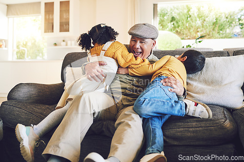 Image of Hug, grandfather playing or happy kids in family home on sofa with love enjoying bonding time together. Smile, affection or senior grandfather relaxing with young children siblings on couch in house