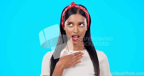 Image of Shocked, offended and wow with Indian woman in green screen studio for unexpected, bad news and negative. Gossip, surprise and confused with portrait of female on blue background for secret and omg
