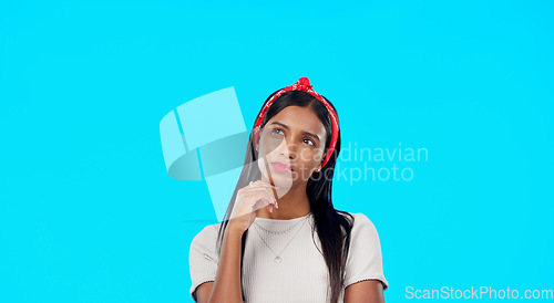 Image of Mock up studio, idea thinking or woman contemplating sales promo, present gift or discount deal choice. Female decision, advertising space or marketing product placement for person on blue background