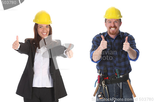 Image of businesswoman and construction worker