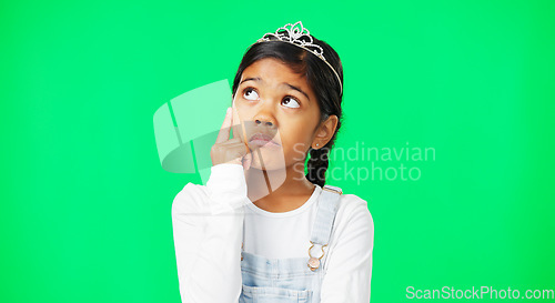 Image of Thinking, green screen and child wondering with a question feeling confused, thoughtful and isolated in studio background. Planning, girl and kid contemplating, curious and planning expression