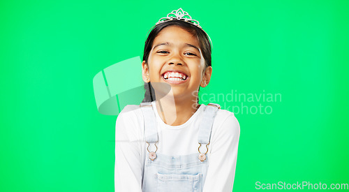 Image of Happy, laugh and face of child in green screen studio for funny, youth and cute. Happiness, positive and smile with portrait of young girl isolated on background for proud, expression and innocent