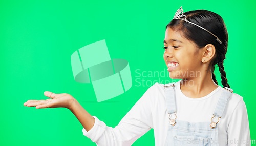 Image of Mockup, green screen and child open hand showing product placement, advertising and logo isolated in a studio background. Smile. happy and portrait of kid excited for promotion, logo or branding