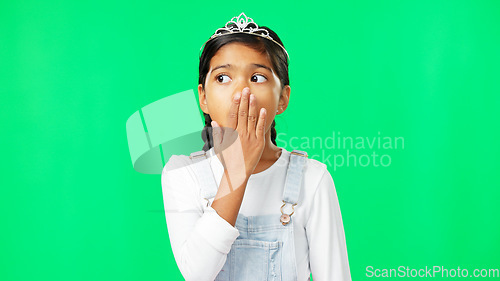 Image of Girl, princess and shock face by green screen studio with wow, surprise and thinking in fantasy mock up. Female child, confused portrait and wonder with, tiara, mystery and hands on mouth for mockup