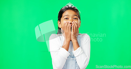 Image of Girl, princess and wow face by green screen studio with shock, surprise and happiness in mock up. Female child, fairytale portrait and happy for birthday celebration with hands on mouth for mockup