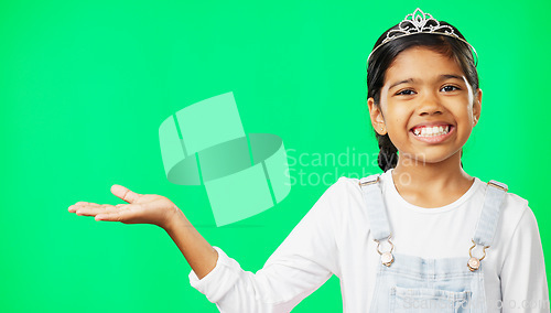 Image of Mockup, green screen and child open hand showing product placement, advertising and logo isolated in a studio background. Smile. happy and portrait of kid excited for promotion, logo or branding