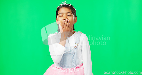 Image of Tired, yawning and bored with child in green screen studio for fatigue, exhausted and sleepy. Bedtime, insomnia and problem with portrait of girl isolated on background for nighttime, rest and nap