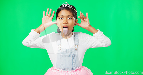 Image of Princess, funny face and girl on green screen in studio isolated on background. Portrait, tiara and happiness of kid laughing with crown, tutu and comic, goofy and silly, tongue out or playful comedy