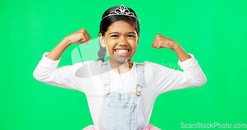 Image of Strong, muscle flex and girl on green screen with flexing arms pose for growth, empowerment and happy. Strength mockup, smile and portrait of excited girl in studio for power, confidence and biceps