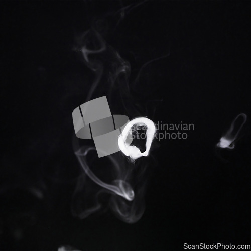 Image of Smoke ring movement, white png and transparent background with pollution swirl. Fig, art and steam pattern in the air with isolated smoking and incense creativity with abstract motion