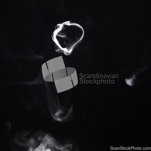 Image of Smoke fog, png and cigarette ring with abstract pollution swirl with cloud texture. Fog and steam pattern in the air with isolated and transparent background, smoking and incense with motion