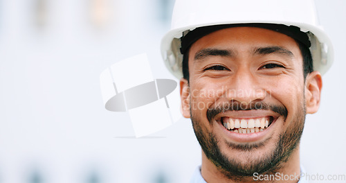 Image of Face of a contractor and maintenance manager smiling and laughing at a construction site with copy space. Portrait of a happy engineer with a hardhat overseeing a successful project development