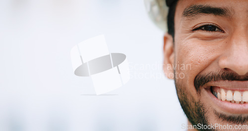 Image of Face of construction manager smiling and wearing hardhat while standing outside on site with copy space. Closeup of happy civil engineer worker doing maintenance and repair work for building project