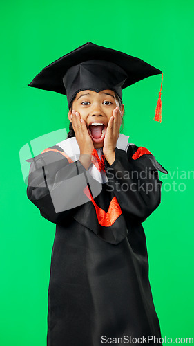 Image of Graduation, education and child with surprise on green screen for graduate, academy and learning. Education, back to school and portrait of girl shout with shock, omg reaction and wow face in studio
