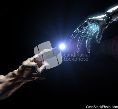 Image of Robot, human and hand touch with 3d rendering and dark background with cyber machine. Cyborg, light and hands graphic illustration showing futuristic, ai innovation and future robotic connection