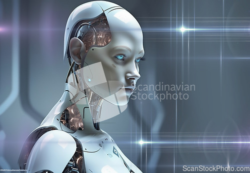 Image of AI technology, robot or futuristic android with machine learning software, future innovation and robotic system. Humanoid face, scifi fantasy or cyborg development, automation or mechanical invention
