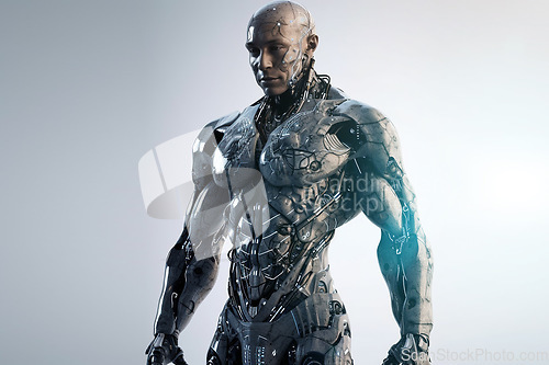 Image of AI technology, sci fi and cyborg man, futuristic robot or fantasy warrior character for RPG, gaming or cyberpunk. Studio machine, android transformation or robotic humanoid model on grey background