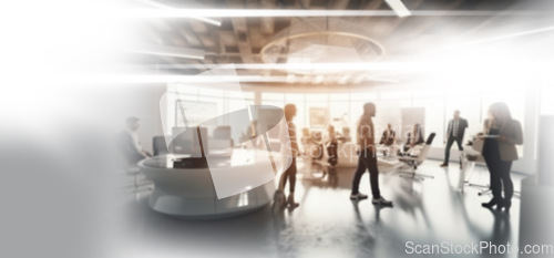 Image of Busy, workforce and startup company with employees working and walking in an office building with black and white overlay. Business, workspace and people at work networking and planning