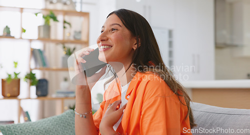 Image of Phone call, couch and woman laughing in online conversation, talking and voip home communication. Happy, funny and casual person on living room sofa chat or discussion on her cellphone or mobile app