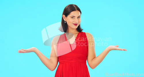 Image of Decision, comparison and happy woman with studio choice, mock up option or palm product placement. Mockup portrait, advertising copy space and person balance discount deal isolated on blue background