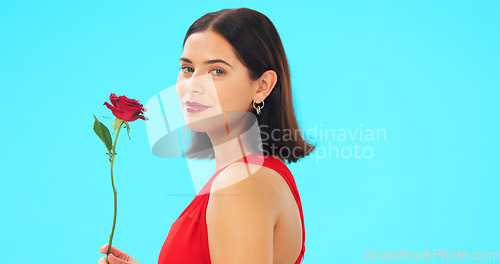 Image of Face, rose and woman in studio on blue background with fresh, floral or romantic gesture on mockup. Portrait, flower and female with gift, present and romance, valentines or caring offering isolated