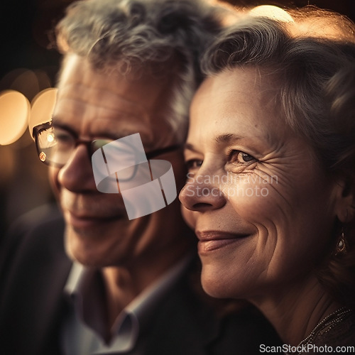 Image of Love, old woman and man with smile on face, bokeh and romantic evening anniversary date together. Retirement, health and senior couple in mature, happy relationship or ai generated marriage at night