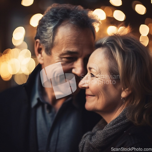 Image of Love, romance and mature couple with smile on face, bokeh and romantic evening anniversary celebration together. Retirement, ai generated senior man and old woman in happy relationship or marriage.