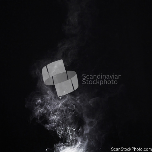 Image of Grey smoke, white background and studio with no people with fog in the air. Smoking, smog swirl and isolated with smoker art from cigarette or pollution with graphic space for incense creativity