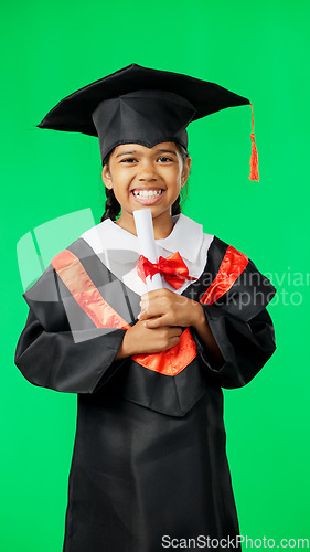 Image of Graduation, education and excited child on green screen for graduate, academy ceremony and award. Primary school, student and portrait of young girl with pride, achievement and success in studio