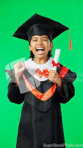 Image of Graduation, education and excited child on green screen for graduate, academy ceremony and award. Primary school, student and portrait of young girl with knowledge, achievement and success in studio