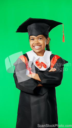 Image of Graduation, education and child smile on green screen for graduate, academy ceremony and award. Primary school, student and portrait of young girl for kindergarten, achievement and success in studio