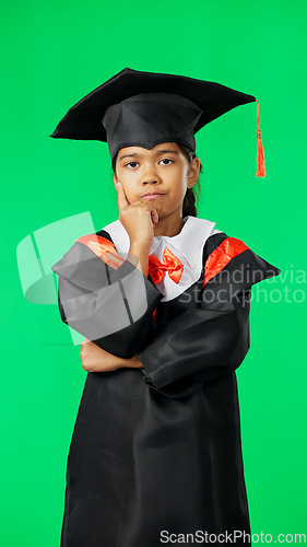 Image of Graduation, education and thinking child on green screen for graduate, academy ceremony and award. Primary school, student and portrait of young girl with knowledge, achievement and success in studio