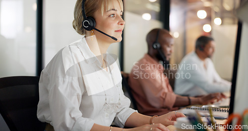 Image of Call center, telemarketing and woman on computer for customer service, consultant and business crm in office. Sales, support and contact us on desktop, telecom consulting and microphone communication