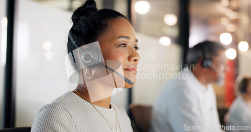 Image of Contact us, call center or telemarketing worker typing an email for feedback or helping a client in customer services. Productivity, microphone or sales consultant working on research at office desk