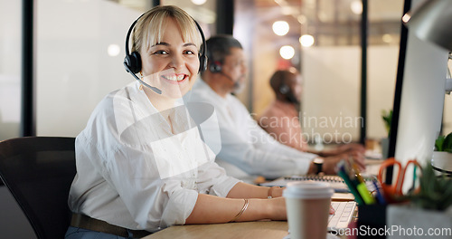 Image of Call center, telemarketing and woman on computer for customer service, consultant and business crm in office. Sales, support and contact us on desktop, telecom consulting and microphone communication