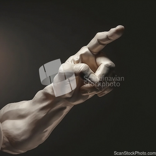 Image of Arm, choice and a person pointing for direction isolated on a black background in studio. Decision, vote and hand and finger of a man showing the way, choosing and gesturing for choice on a backdrop