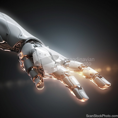 Image of Robot hand, technology and ai with futuristic, cyborg and android with scifi on black background. Automation, computer science and machine with alien, innovation and humanoid tech in studio