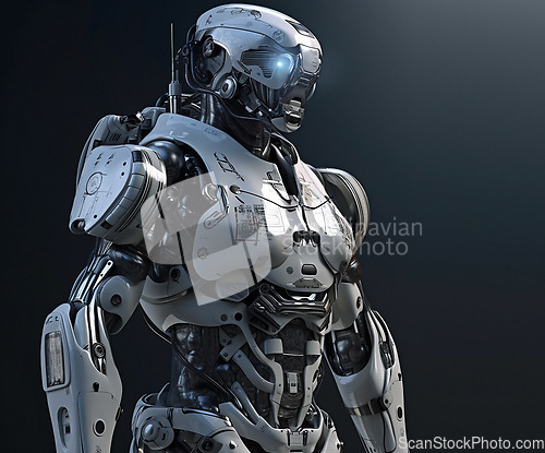 Image of Futuristic, innovation and robot with 3d humanoid, modern and technology against a dark studio background. Future, new and cyborg with design, metaverse and digital with machine and robotics