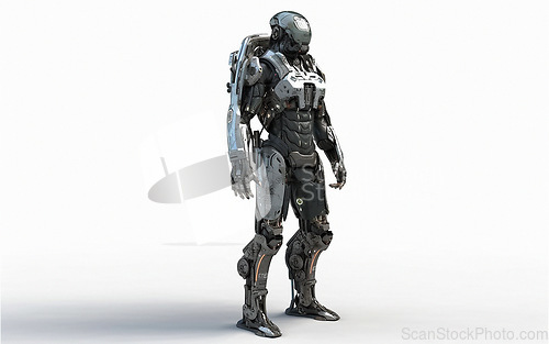 Image of Cyborg, robot and iron warrior on mockup in futuristic war, cyberspace battle or android machine against white studio background. Future cyber robotic humanoid, metahuman or metaperson on copy space