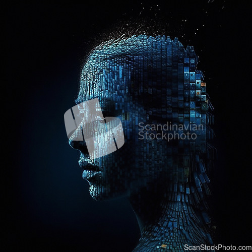 Image of Future, big data and human face with technology, innovation and network signal on dark studio background. Head, robotics or woman with futuristic, mockup or analytics with connection or ai generated