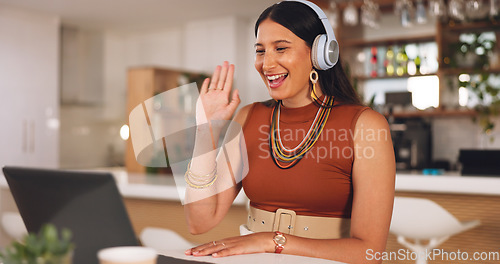 Image of Laptop, freelance and woman on video call in home office for webinar with headphones and smile. Communication, technology and training online, freelancer working as advisory consultant in remote work