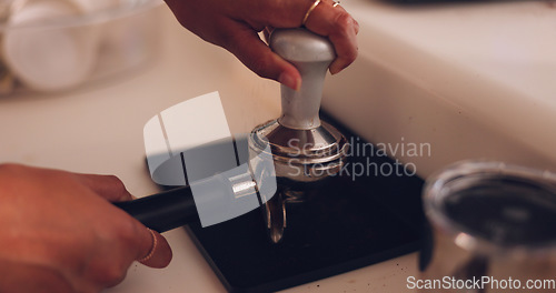 Image of Hands, coffee press and filter for espresso to start morning for energy in home, kitchen or cafe. Woman, ready or preparation for drink, matcha or plunger at barista job, restaurant or small business