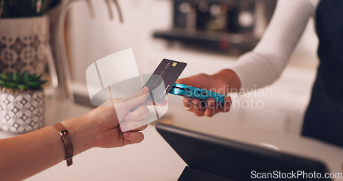 Image of Pos, hands of woman and payment with credit card in coffee shop with barista at counter with financial freedom. Future, technology and customer paying for service in cashless tap transaction at cafe.