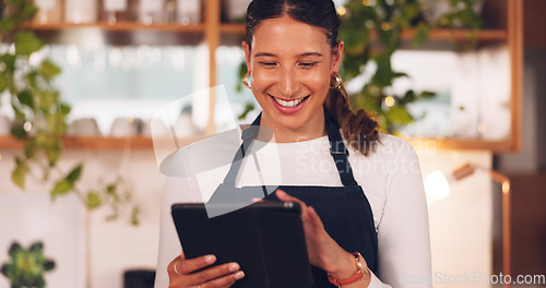 Image of Cafe barista or happy woman on tablet for ecommerce, online services and restaurant sales promotion. Small business owner, waitress or retail person on digital technology for coffee shop or cafeteria