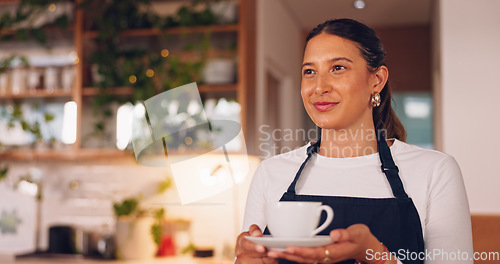 Image of Woman bringing order to customers. Smiling waitress taking order to happy customer. Cafe service for person ordering coffee