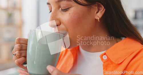 Image of Relax, thinking and happy woman with coffee on break drinking with smile on face with peace and calm. Freedom, happiness and smiling girl enjoying nostalgic memory, aroma and cup at tea time in home.