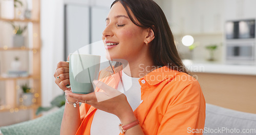 Image of Relax, thinking and happy woman with coffee on break drinking with smile on face with peace and calm. Freedom, happiness and smiling girl enjoying nostalgic memory, aroma and cup at tea time in home.