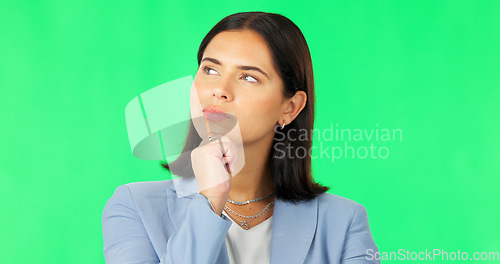 Image of Business, woman and thinking on green screen of ideas, questions and remember in studio. Female model, serious worker and think of solution, decision and memory of why, choice and visionary mindset